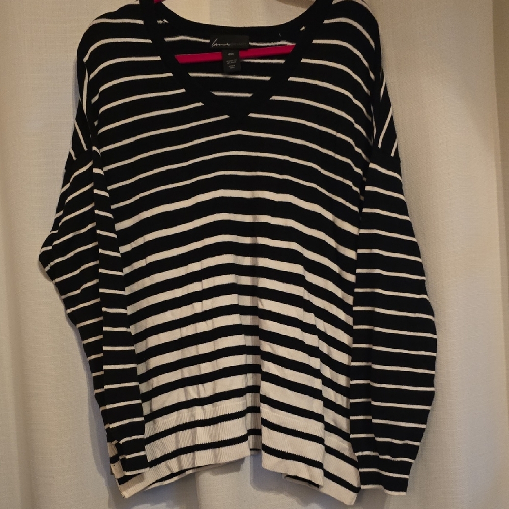 Lane Bryant Black and White Striped V-Neck Sweater